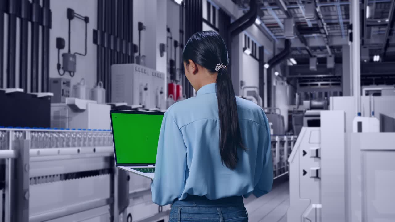 Back View Of Asian Female With Water Production in Bottling Factory, Typing On Laptop'S Keyboard With Green Screen And Look At The Factory Once