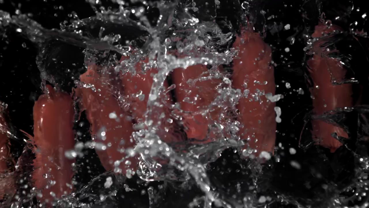 Fresh Red Sausages with Water Splashing in Slow Motion