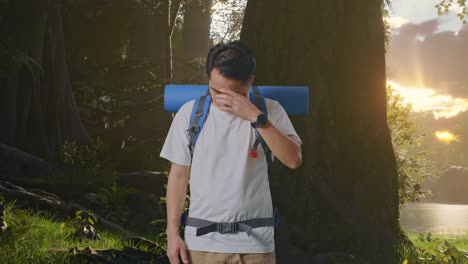 stressed hiker in the forest