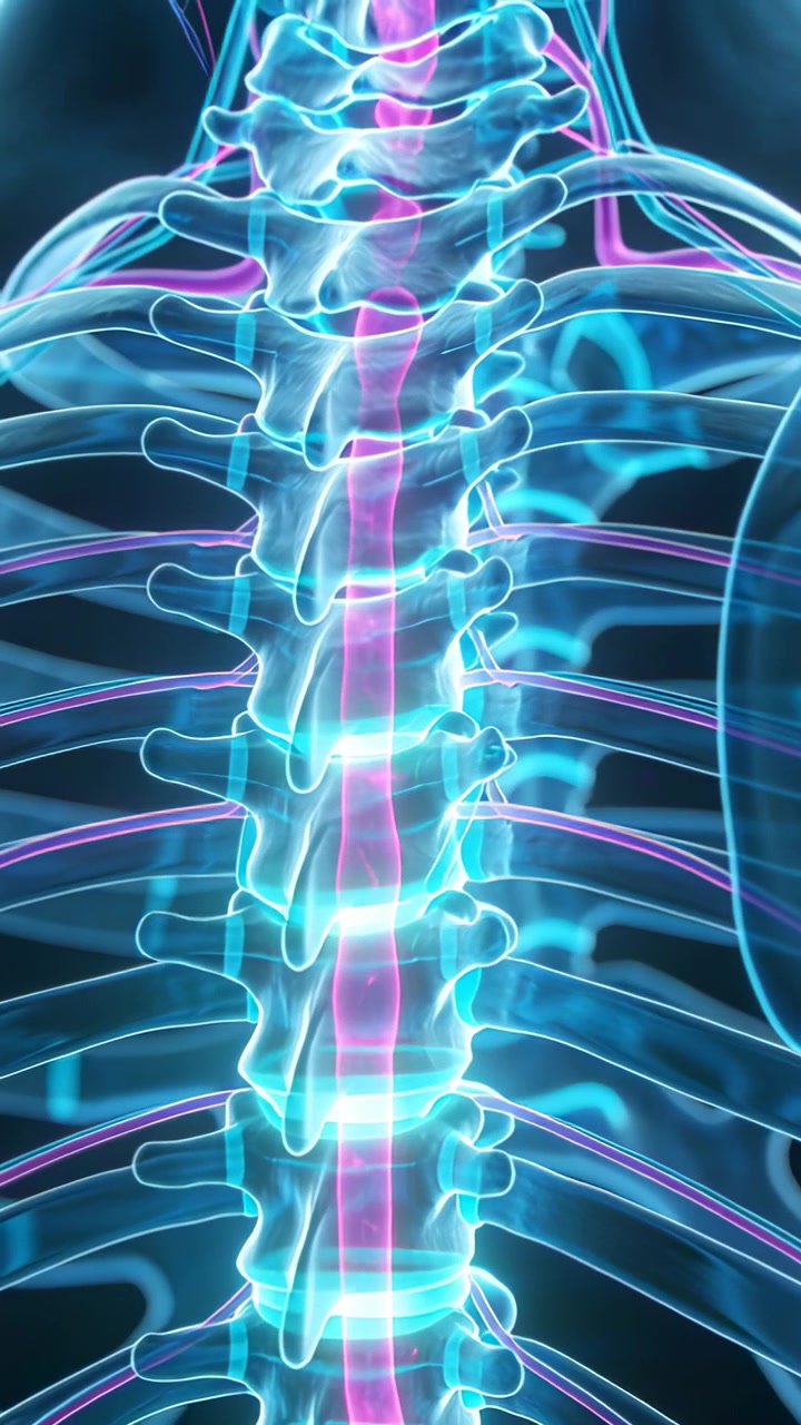 Vertical video: Camera lifting, showing stylized spine in CGI backdrop, magenta cord pulsing nerves