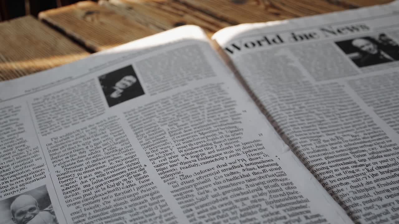 A close-up, angled shot of an open newspaper on a wooden table, capturing the texture and detail