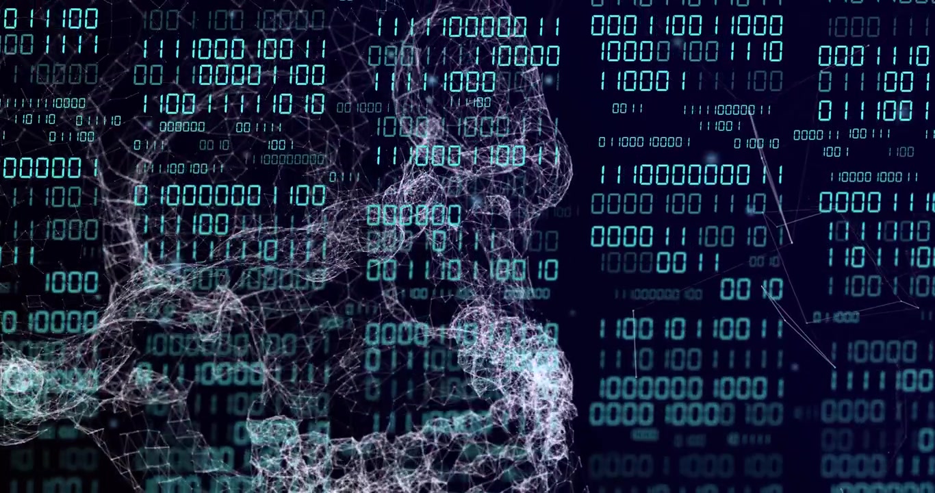 Particle clusters starting wireframe head over binary grid, connecting to show data flow