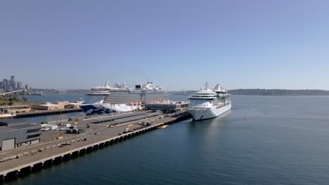 aerial view of eliot bay with many ferries and cruise ships anchored