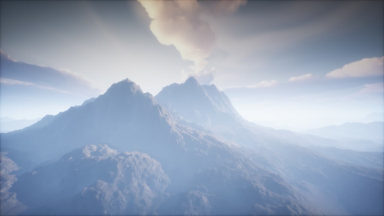 안개 가 있는 화산 크레이터 풍경