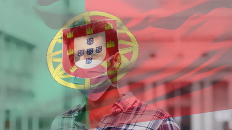 animation of flag of portugal waving over man in face masks