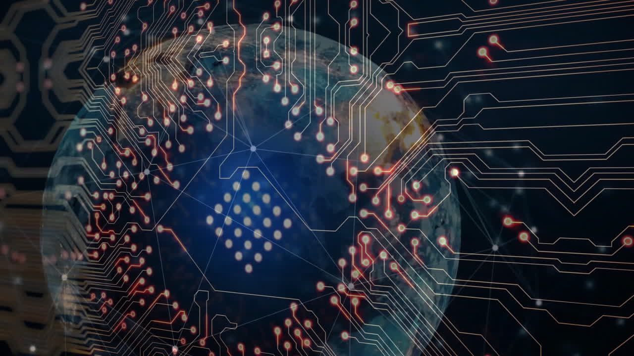 Circuit board pattern and glowing nodes animation over Earth globe