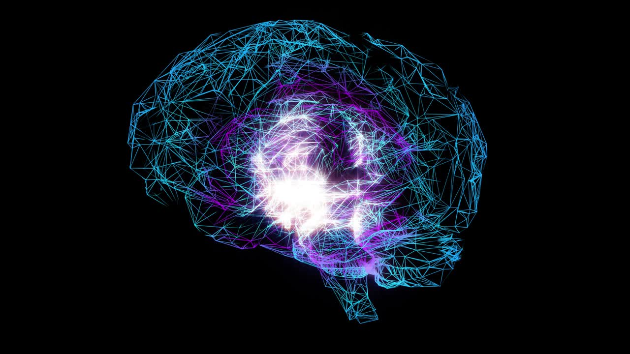 Brain Volumetric rotating  model. Glowing human brain with nerve cells. (loop video)