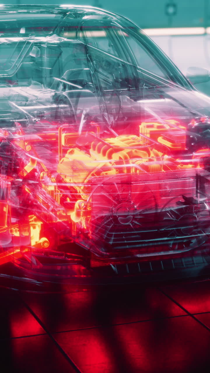 Transparent car showcasing internal components with vibrant lighting effects