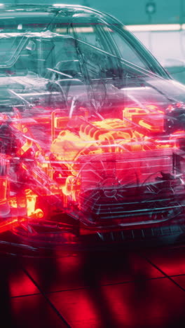 transparent car showcasing internal components with vibrant lighting effects