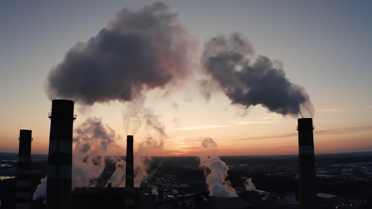 Industrial Landscape at Dusk: Billowing Smoke Clouds Emanating from Tall Stacks, Capturing the Intersection of Nature and Human Endeavor in an Urban Setting