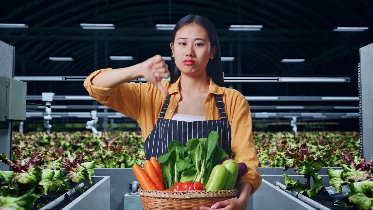 아시아 여성 농부 가 채소 바구니 를 들고 스마트  에 서 있는 동안 엄지손가락 을 내려 놓은 몸짓 을 하고 있다