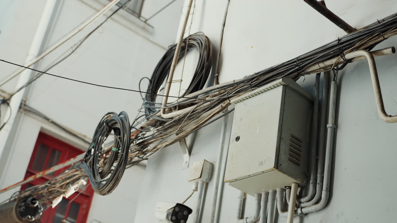 Coiled cables and junction box closeup, pulley wheel and conduit details technician splicing lines, inspector testing tension, rooftop installer securing clamps gritty industrial texture, corrosion