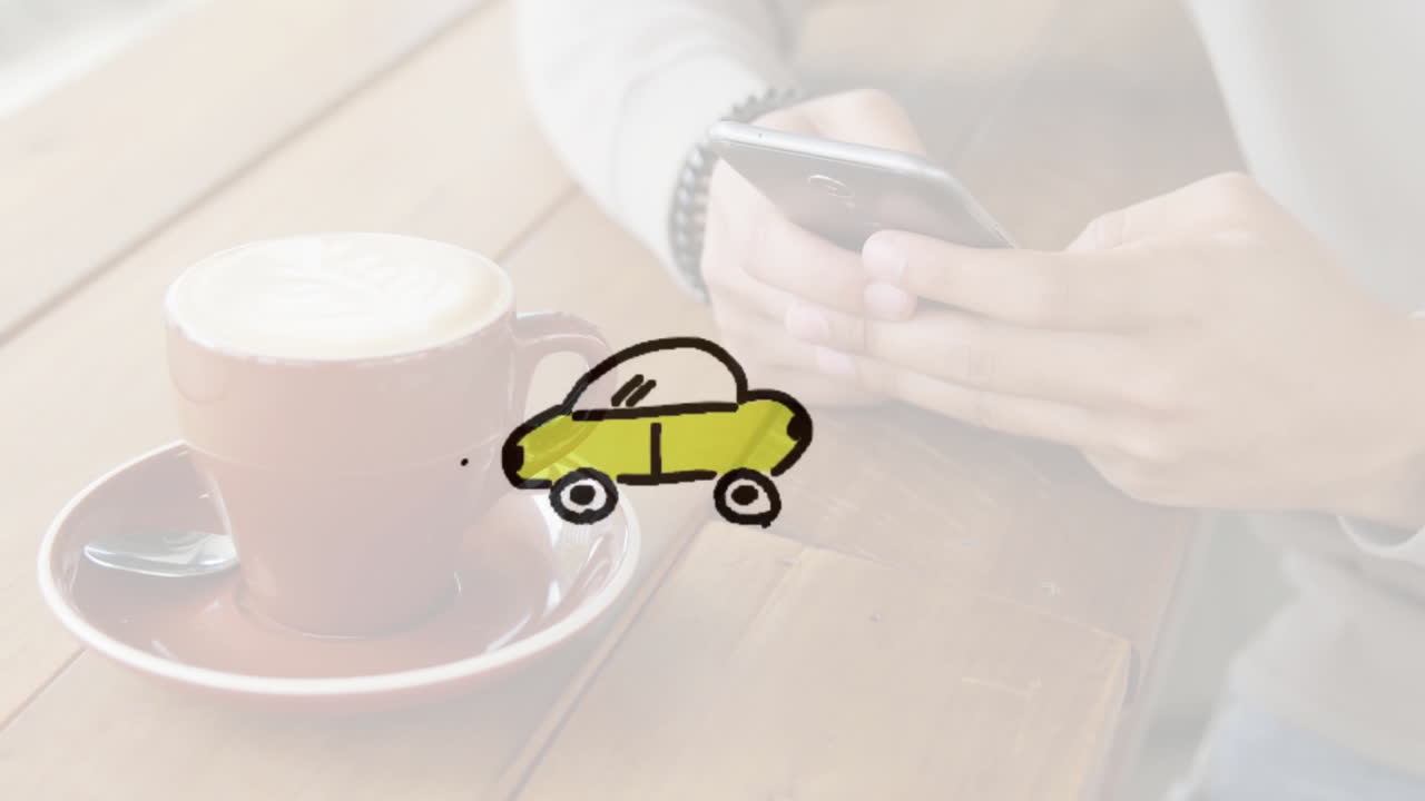 Cartoon car animation over person using smartphone near coffee cup on table