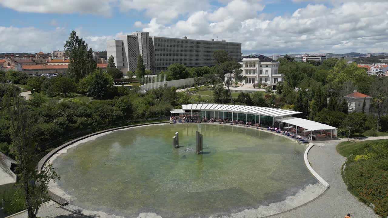 Overhead shot of a peaceful city park with circular water pond and tree-lined paths in Lisbon, surrounded by modern offices and residential buildings.