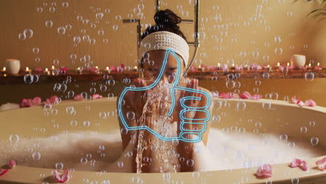woman soaking in foam-filled tub with rose petals for health ad, featuring floating neon thumbs-up