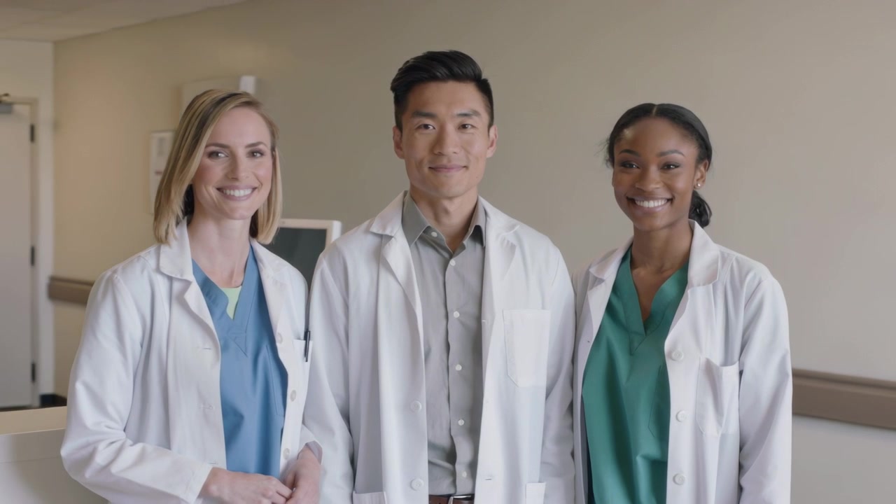 Pulling back camera, three medical staff posing at reception for portrait in white coats, monitor