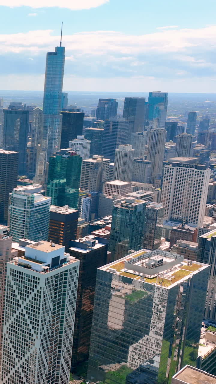 Chicago, Illinois, USA - June 01, 2024: Cityscape with office buildings under light blue sky, business cityscape architecture. Aerial drone footage. Vertical video