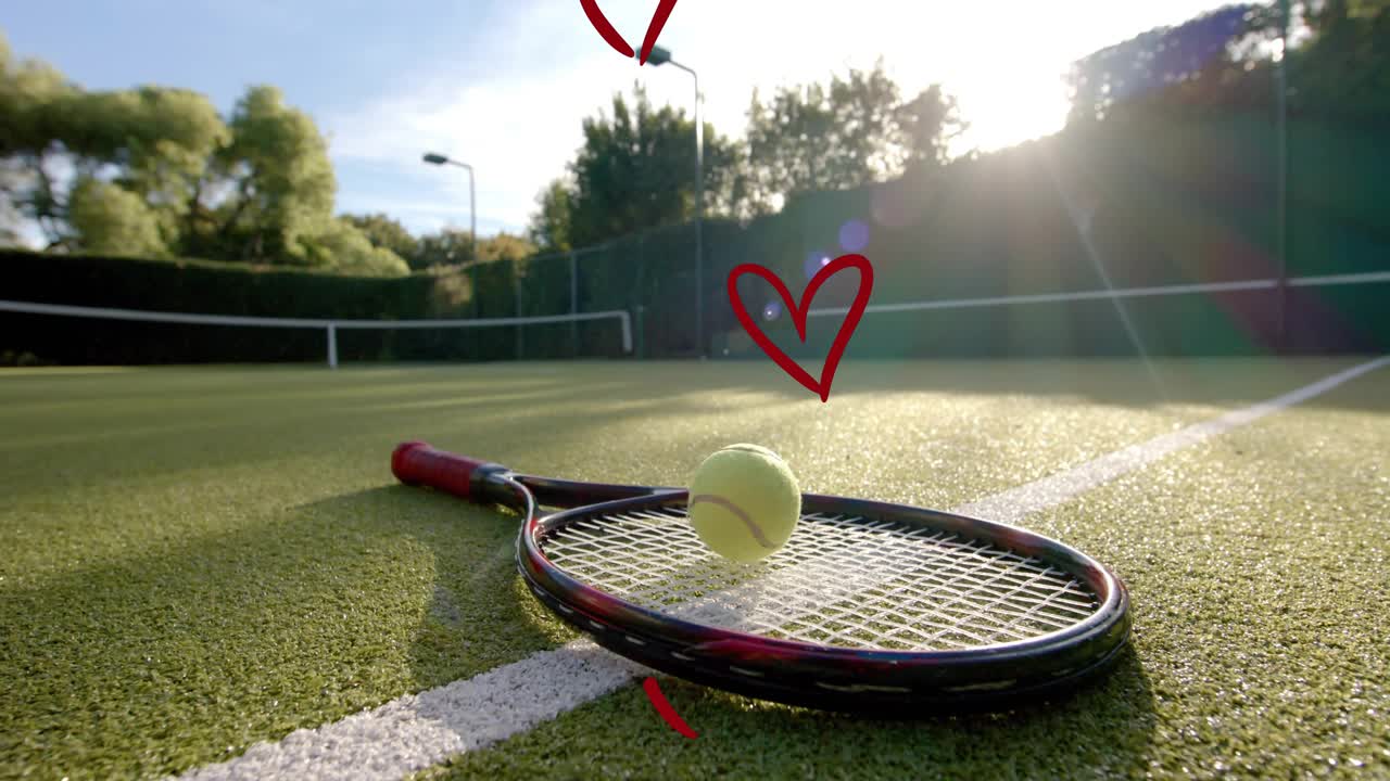 Low sun glare creating drawn hearts rising as tennis ball lifting on racket strings evoking romance