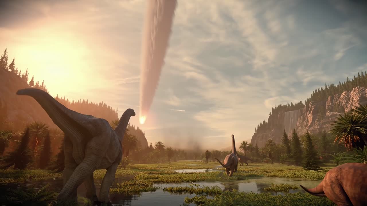 A wide-angle video scene of dinosaurs in a lush valley, with a meteor in the sky