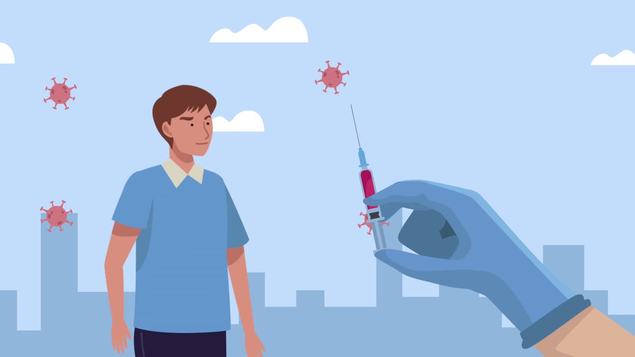 코로나19 입자가 손으로 들어올리는 주사기와 환자