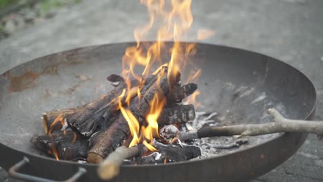 stoking a campfire with a burning stick on a relaxing summer holiday