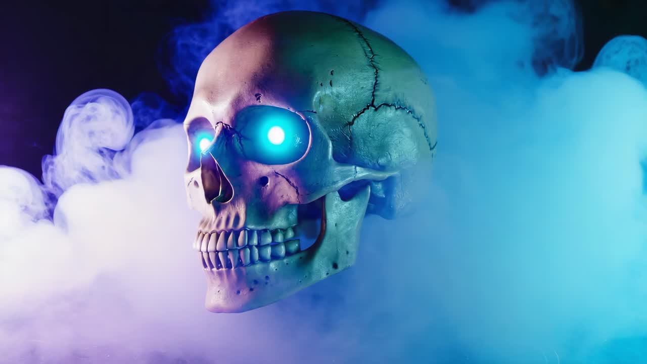 Skull with Glowing Eyes in Smoke