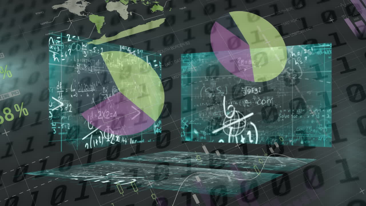 animación del procesamiento de datos financieros y ecuaciones matemáticas sobre un fondo negro