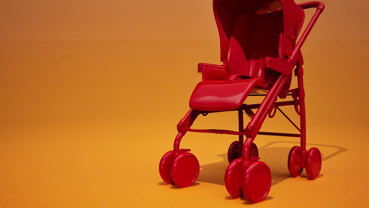 carrito de bebé rojo en 3d sobre fondo naranja, animación en 3d, cámara que se aleja lentamente
