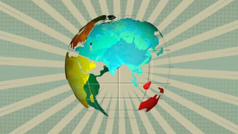 Animation-Eines-Sich-Drehenden-Globus-Vor-Grünen-Radialstrahlen-In-Nahtlosem-Muster-Auf-Grauem-Hintergrund