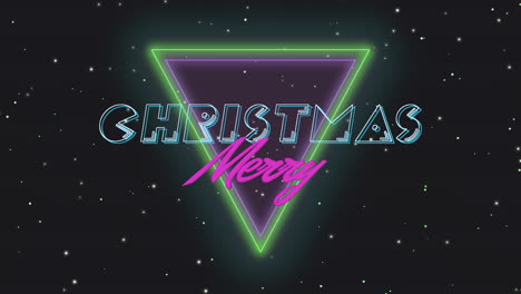 Retro-Merry-Christmas-text-with-neon-triangle-in-dark-galaxy