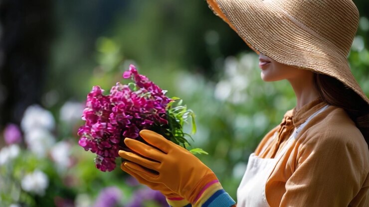En kvinne med stråhatt smiler mens hun holder en livlig bukett blomster i en solrik hage, som viser hennes lidenskap for hagearbeid og blomsterskjønnhet