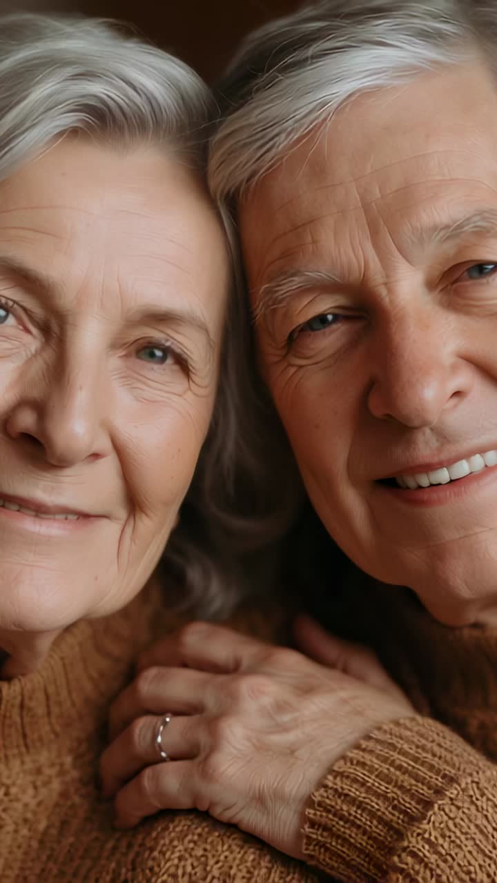 Vertical video: Leaning senior couple smiling after cue at home in sweaters, ring visible