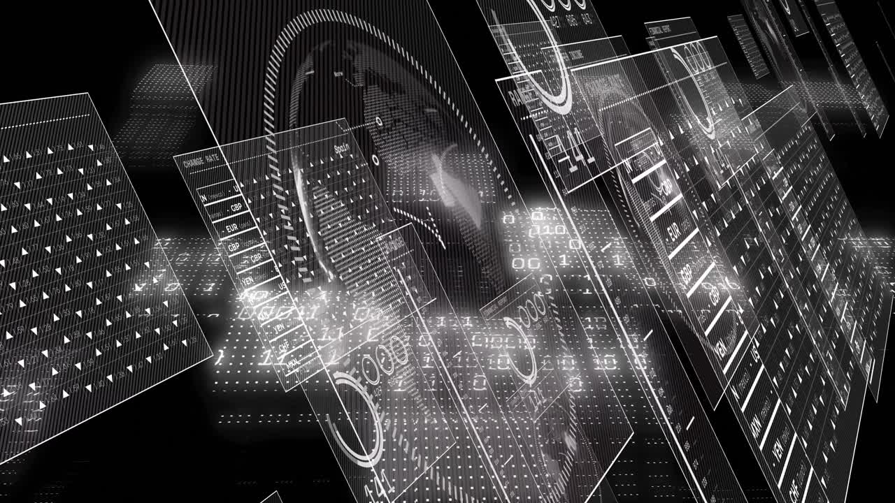 검은 바탕 위의 금융 데이터 처리 및 화면의 애니메이션