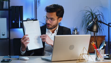 indian office businessman freelancer making online presentation video laptop call education lessons