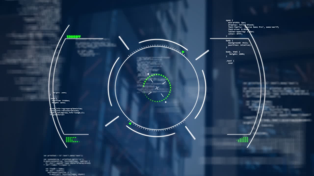 Animation of data processing and scope scanning against tall buildings