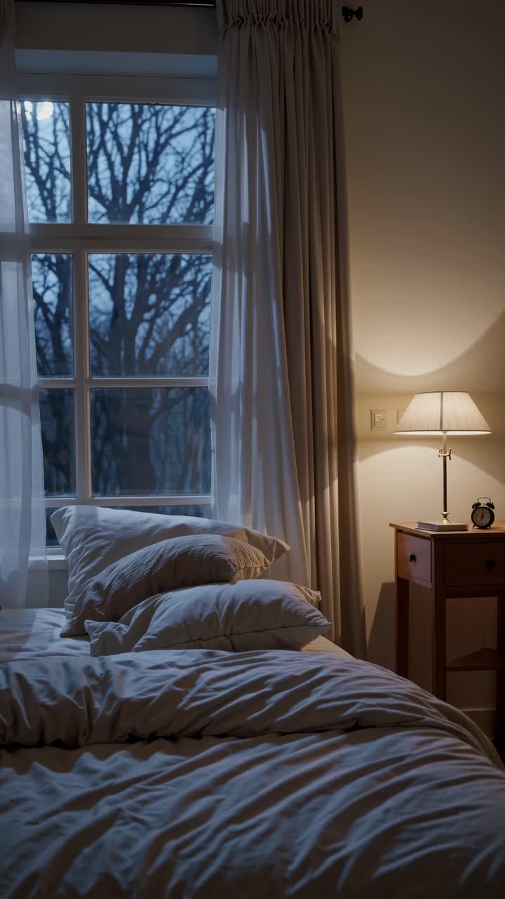 Cozy Bedroom Interior with Warm Lamp Light and Window View