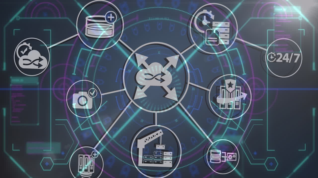 animación digital de una red de iconos digitales contra un escáner redondo sobre un fondo azul