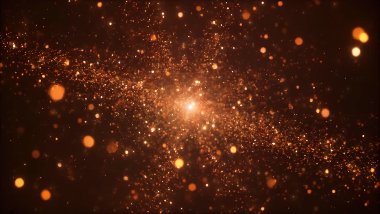 Particelle dorate scintillanti che vorticano intorno a una luce brillante