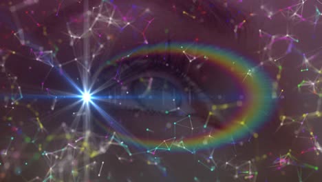 spot of light and rainbow flare over network of connections against close up of female eye