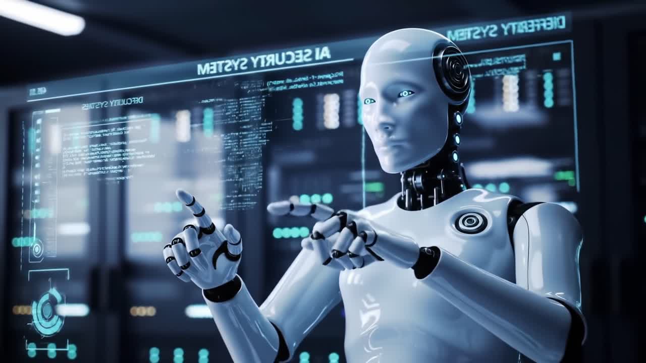 Advanced AI Performing Security System Analysis in a Futuristic Data Center, Manipulating Holographic Display for Optimal Cybersecurity Solutions