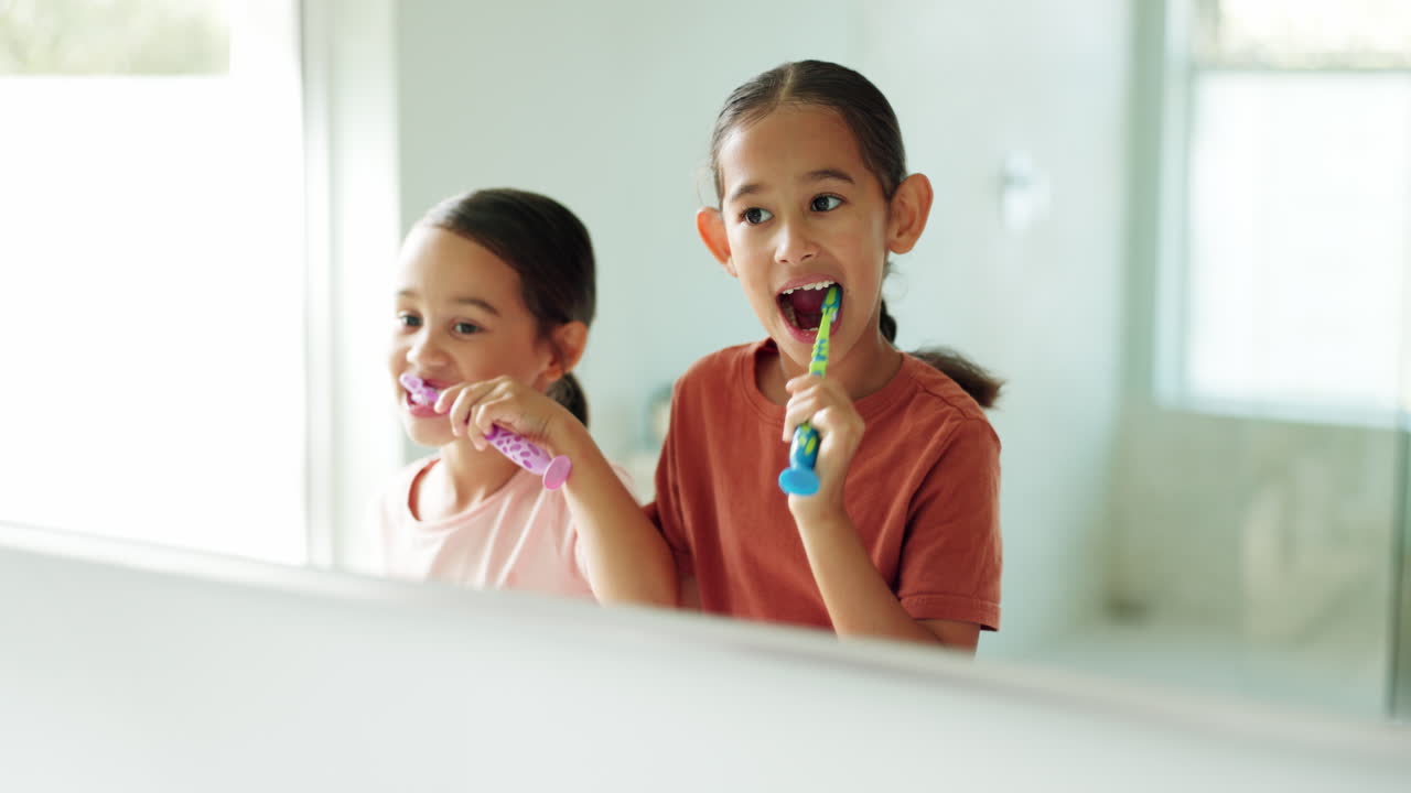 Siblings, home or happy kids in bathroom brushing