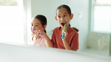 siblings, home or happy kids in bathroom brushing