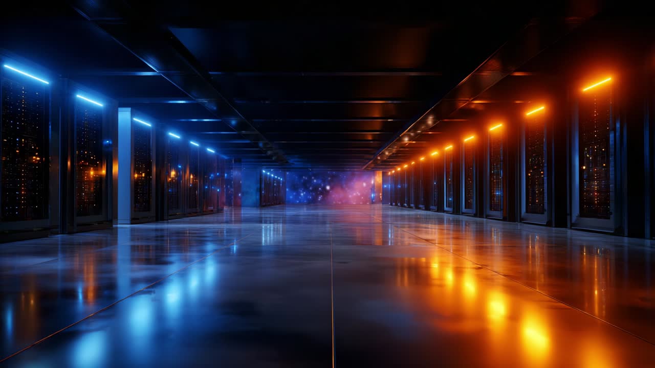 A Stunning and Evocative Visual of a High-Tech Server Corridor Bathed in Blue and Orange Lighting, Creating a Dramatic Atmosphere that Highlights the Futuristic and Innovative Technology Environment
