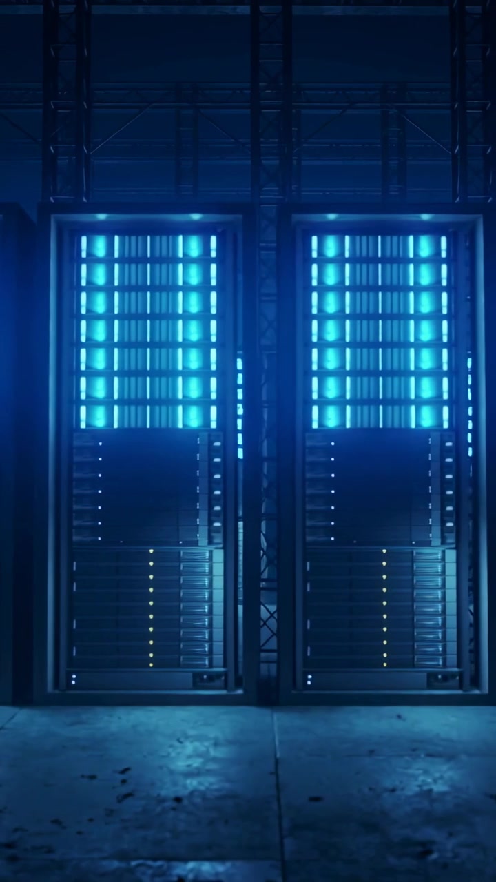 Video verticale: Array di LED pulsanti su 3 rack in una sala che proiettano un bagliore ciano sul pavimento, mostrando lo stato del server.