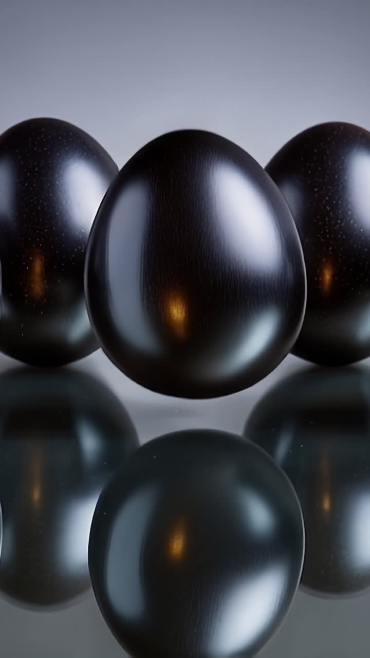Présentation élégante d'œufs noirs brillants reflétant la lumière dans un cadre minimaliste, mettant en valeur leur texture lisse et leurs motifs de surface uniques.