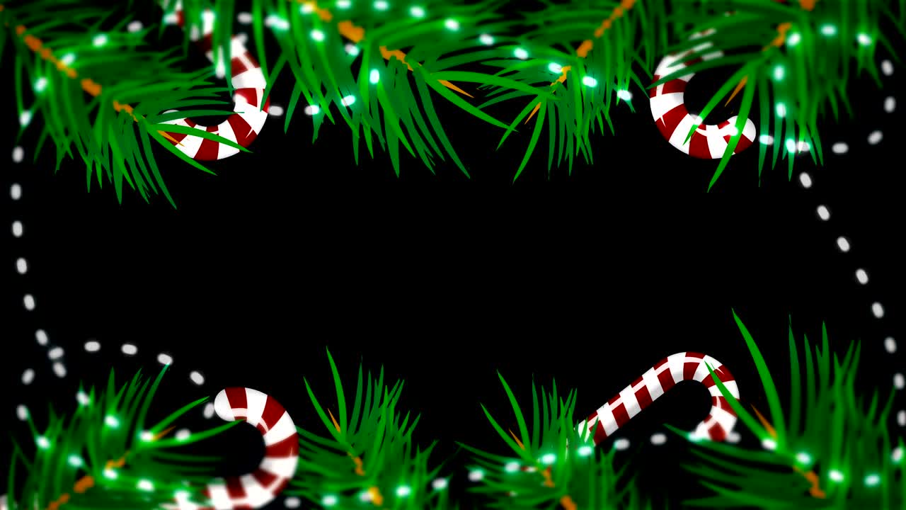 검은 바탕에 크리스마스 프레임, 브런치 트리, 캔디 및 조명과 함께 추상적인 배경