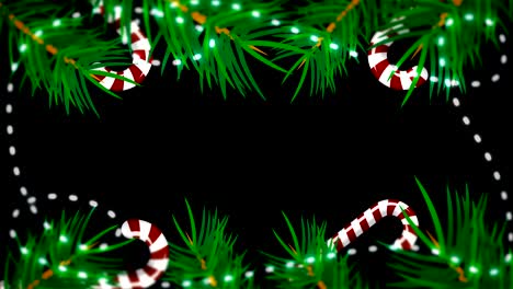 christmas frame on black background. abstract backdrop with brunch trees, candys and lights
