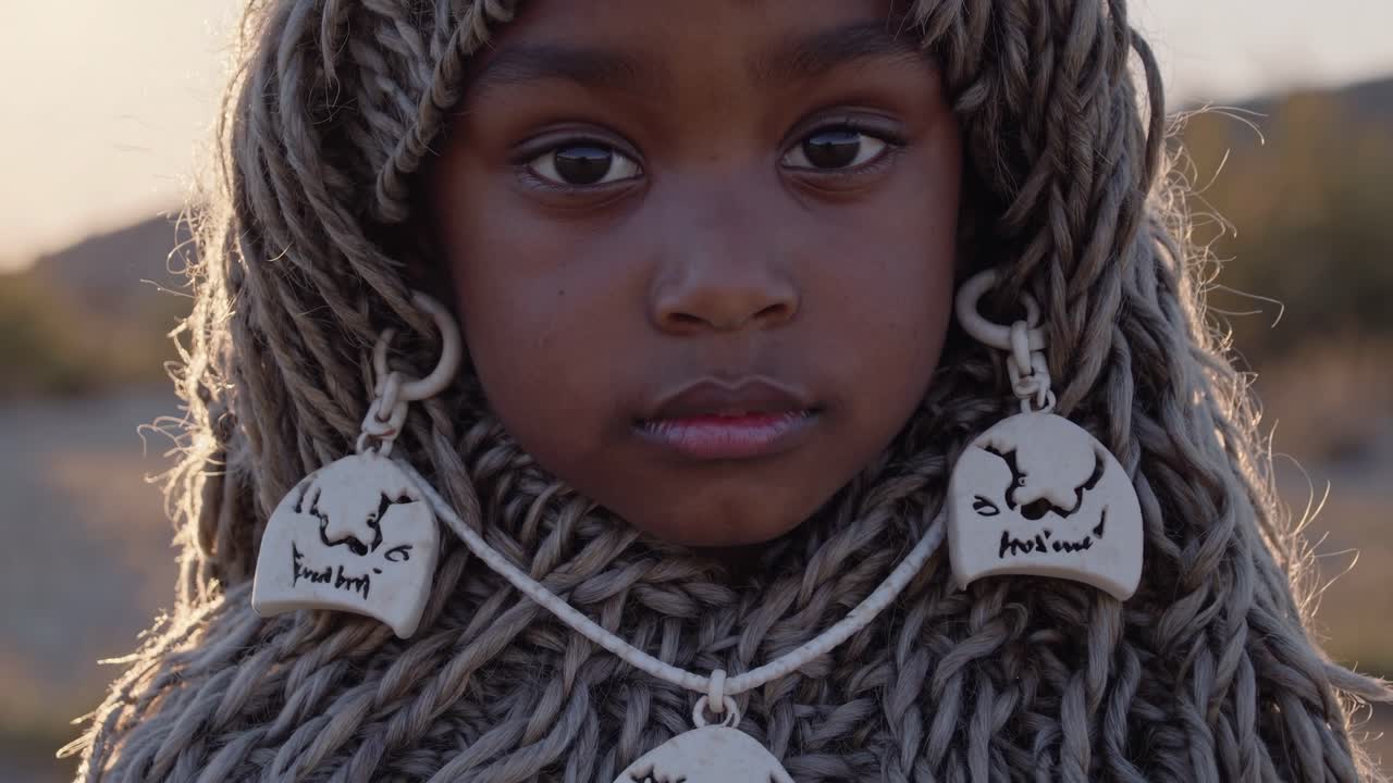 Close up of a young person with braided hair and unique bone jewelry, evoking a sense of mystery and ancient tradition, possibly representing a spiritual or cultural significance