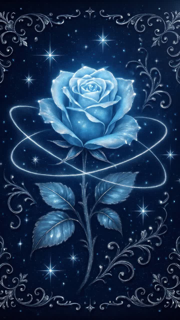 A mystical blue rose with glowing effects, surrounded by stars and ornate patterns