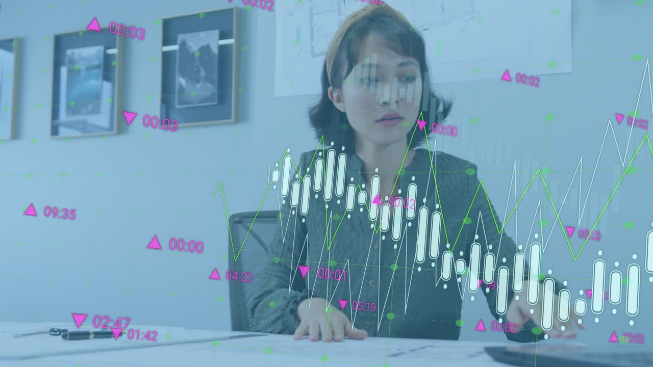 Animation of data processing over biracial businesswoman at office